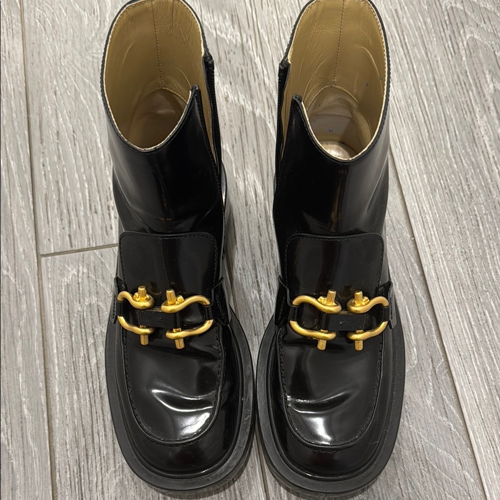 Bottega Vaneta Glossy Black Boots with Gold Accents size 37